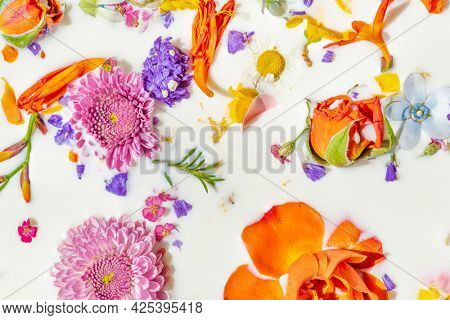 Colorful summer flowers in a milk bath background
