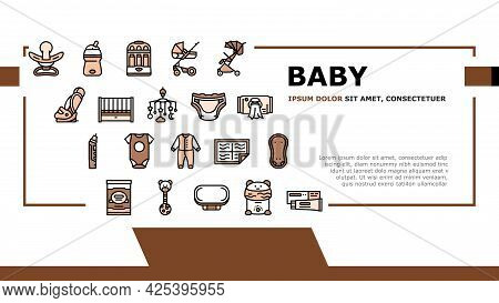 Baby Shop Selling Tool Landing Header Vector. Baby Diaper And Sterilizer Bottles Device, Newborn Edu