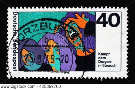 ZAGREB, CROATIA - AUGUST 28, 2014: A stamp printed in Germany shows Drug Abuse Campaign to Fight Drug and Intoxicant Abuse, circa 1975