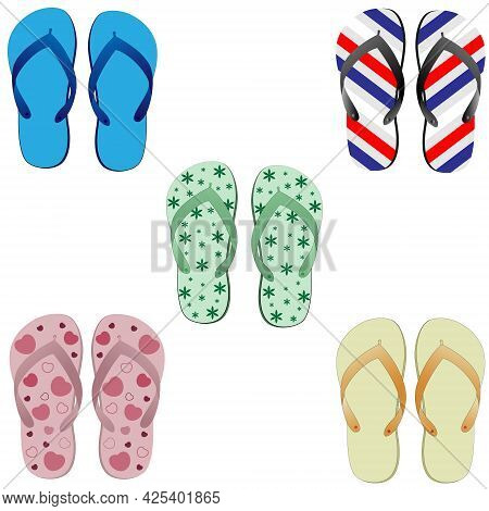 Vector Set Of Colored Slippers. Summer Beach Slippers. Beach Shoes Isolated On White Background