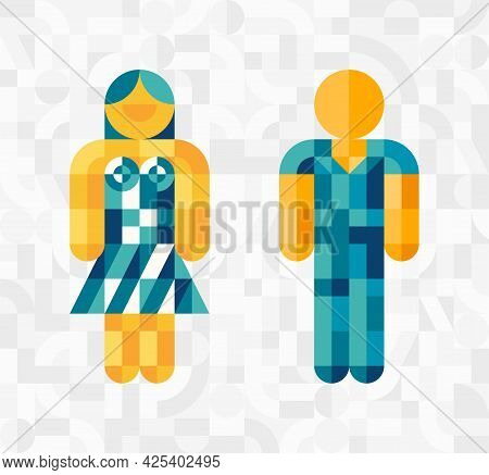 Man And Woman Avatar Icons. Vector Template With Simple Shapes, Mosaic Background. Male And Female G