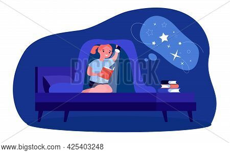 Cute Little Girl Reading Books In Bed Under Blanket. Child Reading About Space With Flashlight At Ni