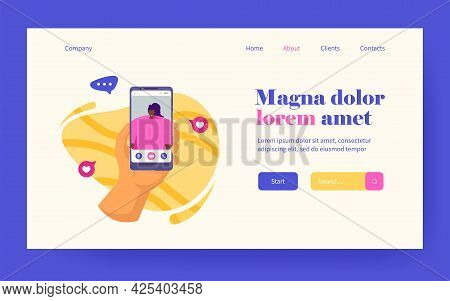 Hand Of Person Using Mobile Phone For Video Call, Talking To Girl Friend. User Holding Cellphone Wit