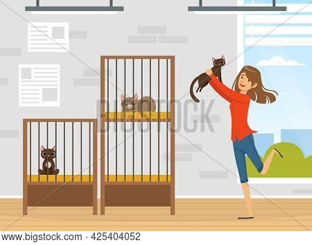 Cheerful Woman Pet Owner Adopting Cat From Boarding Cattery Vector Illustration