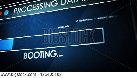 Image of processing data text digital interface flickering on screen. global connections, data processing, computing and digital interface concept digitally generated image.