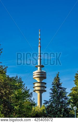Munich, Germany - Jul 27, 2020: The Olympiaturm Has An Overall Height Of 291 M And A Weight Of 52,50