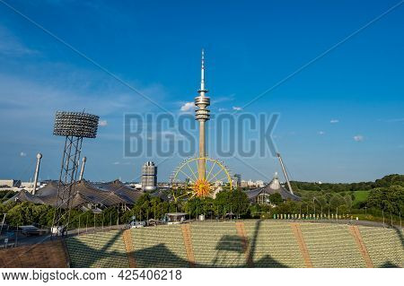Munich, Germany - Jul 27, 2020: The Olympiaturm Has An Overall Height Of 291 M And A Weight Of 52,50