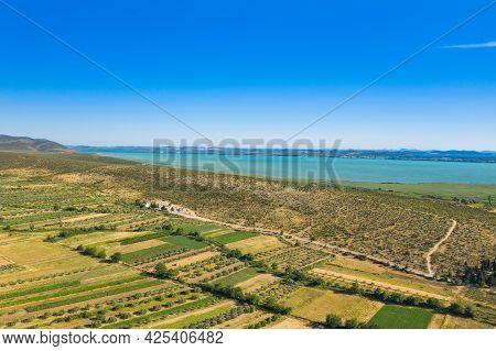 Aerial View Of Countryside Landscape, Vransko Lake And Agriculture Fields, Dalmatia, Croatia
