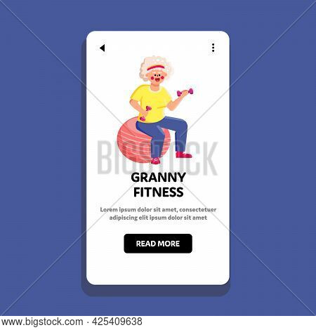 Granny Fitness Exercise Doing On Fit Ball Vector. Senior Woman Hold Dumbbells Training Granny Fitnes