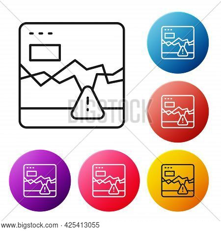 Black Line Website With Failure Stocks Market Icon Isolated On White Background. Monitor With Stock 