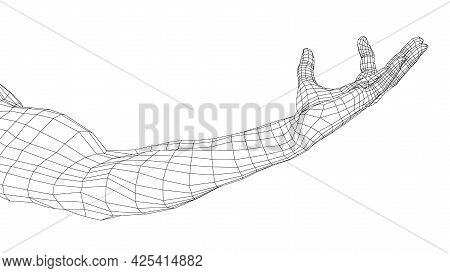 Hand Hold Some Tiny Or Thin Object. Vector Rendering Of 3d. Wire-frame Style. Hand Hold Somethin