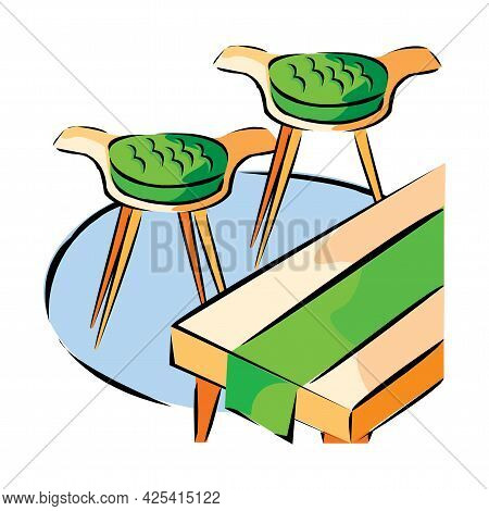 Modern Kitchen In Green Color With Two Chairs With One Table And Blue Cover In Eps10