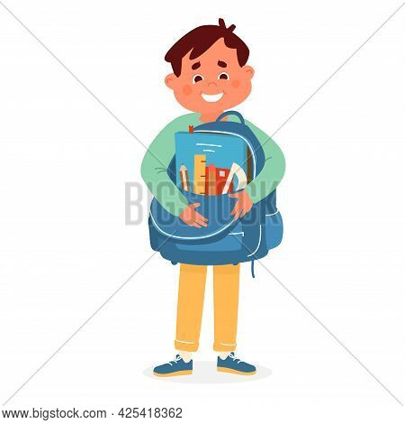 Vector Cute Smiling Boy Holding School Bag With Supplies  First Grader Preparing To School.vector Il