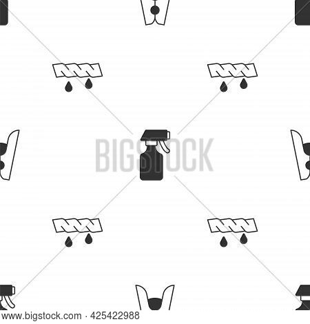 Set Clothes Pin, Water Spray Bottle And Squeeze Clothes On Seamless Pattern. Vector