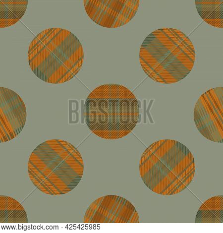 Woven Tartan Circles Seamless Vector Pattern Background. Ochre Sage Green Plaid Circle Shapes Backdr