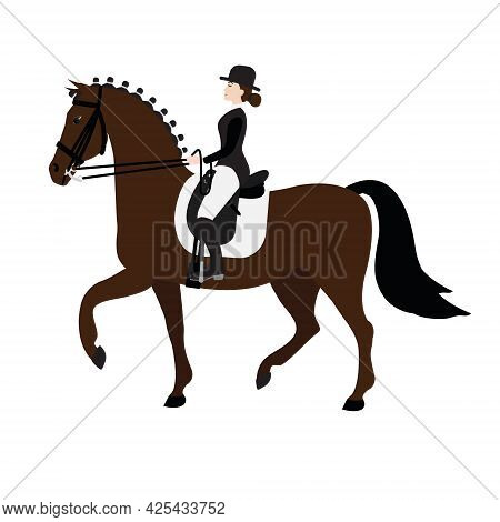 Vector Flat Colored Hand Drawn Woman Girl Riding Dressage Horse Isolated On White Background