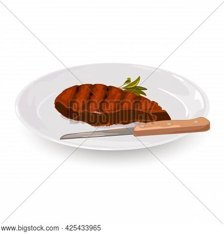 Juicy Fried Meat Served On Plate With Knife. Vector Restaurant Dinner, Nutritious Meal For One, Tast