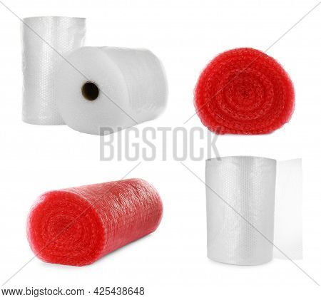 Set With Different Bubble Wrap Rolls On White Background