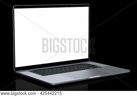 Realistic Aluminum Laptop With Empty White Screen Isolated On Black Background.