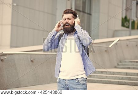 Cause The Streets Are Singing. Happy Hipster Sing Song Urban Outdoors. Bearded Man Enjoy Singing In 