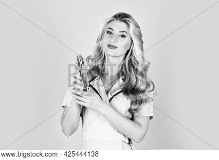 Fragrance Is Perfect Combination Of Temptation And Sweetness. Girl With Perfume Blue Background. Bea