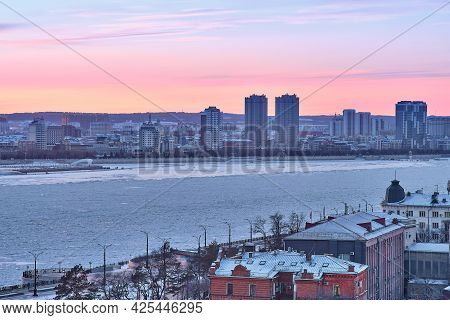 Blagoveshchensk, Russia - Dec 24, 2020: View Of The Chinese City Of Heihe From The Embankment Of The