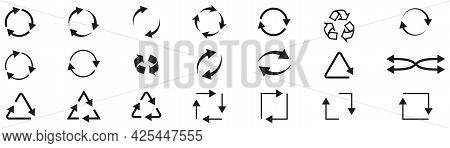 Recycle arrows in black. Loading arrow pictograms. Circular rotation symbol. Recycle sign. Refresh icons collection. Repeating loop pictogram. Vector EPS 10
