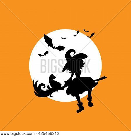 Witch With Cat Flies On The Broom In The Night Sky. Moon, Bats And And Hag In Hat. Magic, Fantasy. F