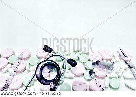The Surgical Instruments, Stethoscope, Vial Of Drug, 3 Ml Plastic Syringe With Needle And Drug Table