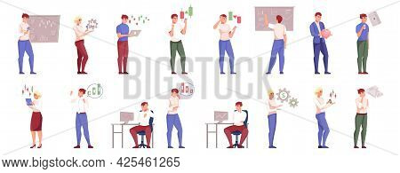 Stock Market Set Of Brokers Analyzing Changes In Stock Exchange Quotes And Prices For Raw Materials 