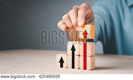 Hand Stack Woods Block Step On Table With Icon Action Plan, Goal And Target, Success And Business Ta