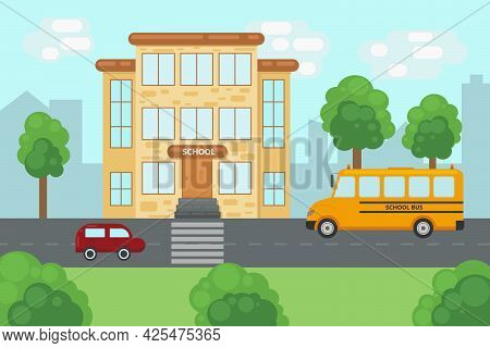 A Bright Summer Illustration Depicting A School Building With A Road Near The School. A Car And A Sc