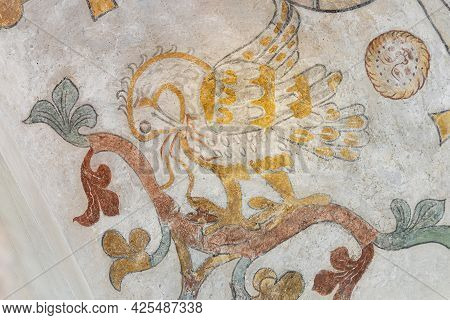 The Mythological Bird Phoenix Feeding His Nestlings With His Own Blod, An Ancient Mural In Skibby Ch