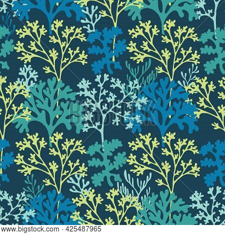 Coral Reef Underwater Plans Vector Seamless Pattern.