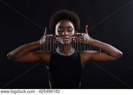 Close Up Portrait Of Young Black African American Black Woman Doing Face Building Yoga Gymnastics Se