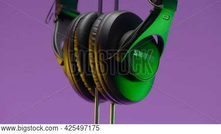 Russia, Moscow - May 5, 2021: Monitor Headphones. Action. Beautiful Design Of New Model Of Headphone