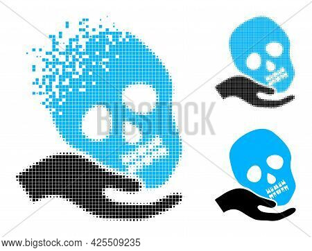 Fragmented Pixelated Hand Holds Skull Icon With Halftone Version. Vector Destruction Effect For Hand