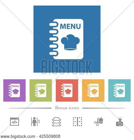 Menu With Chef Hat Flat White Icons In Square Backgrounds. 6 Bonus Icons Included.