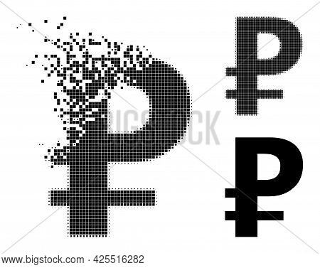 Erosion Dot Rouble Pictogram With Halftone Version. Vector Destruction Effect For Rouble Pictogram. 