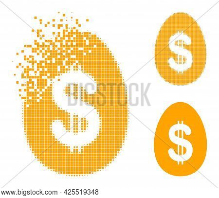 Dissipated Pixelated Dollar Deposit Egg Pictogram With Halftone Version. Vector Wind Effect For Doll