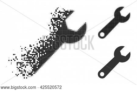 Damaged Dot Spanner Tool Icon With Halftone Version. Vector Wind Effect For Spanner Tool Icon. Pixel