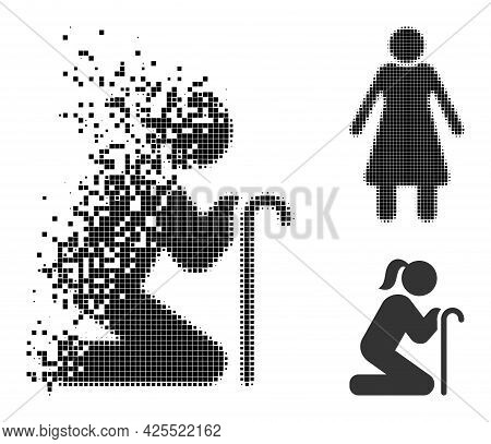 Disappearing Pixelated Old Woman Pictogram With Halftone Version. Vector Destruction Effect For Old 
