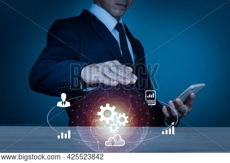 The Hand Of A Man Wearing A Suit Is Raised Upside Down, And There Is A Stock Graph,cloud Computing. 