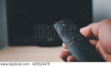 Smuthprakarn / Thailand - June 5 2021: Detail Of Remote Control With A Netflix Button. Netflix Is An
