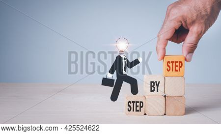 Business Development To Success And Growing Growth Concept.arrange Wooden Blocks Into Growing Step B