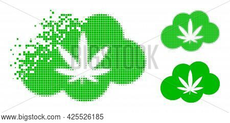 Dissipated Dot Cannabis Smoke Pictogram With Halftone Version. Vector Destruction Effect For Cannabi