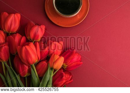 Bouquet Of Red  Tulips And Gift Heart Box, Coffee Cup Arrangement With A Lot Of Copy Space For Text.
