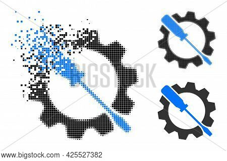 Fragmented Dotted Wrench Tuning Pictogram With Halftone Version. Vector Destruction Effect For Wrenc