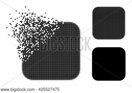 Moving Pixelated Rounded Square Glyph With Halftone Version. Vector Destruction Effect For Rounded S