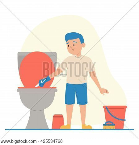 Kid cleaning dirty toilet vector isolated. Hygiene in the house, daily routine. Boy in gloves washing bathroom.